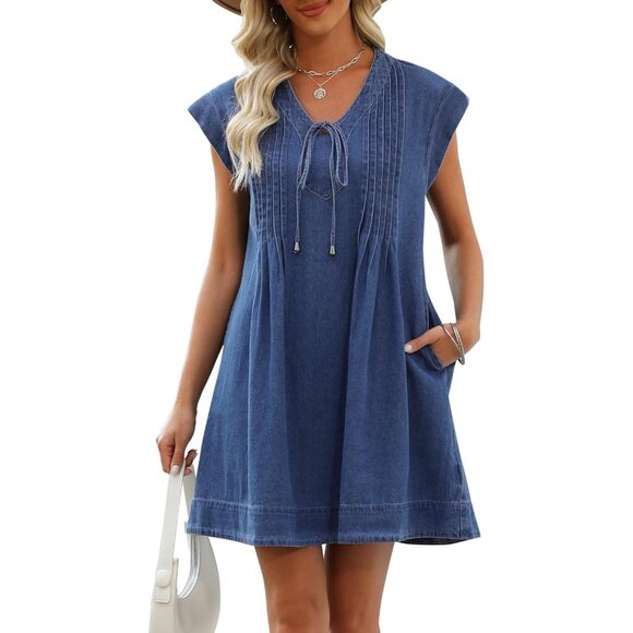 Denim Dress Women V-Neck Short Sleeves Pockets Casual Summer Fit - Picture 2 of 6